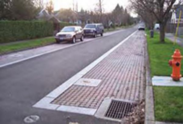 Street with brick parking areas to reduce runoff